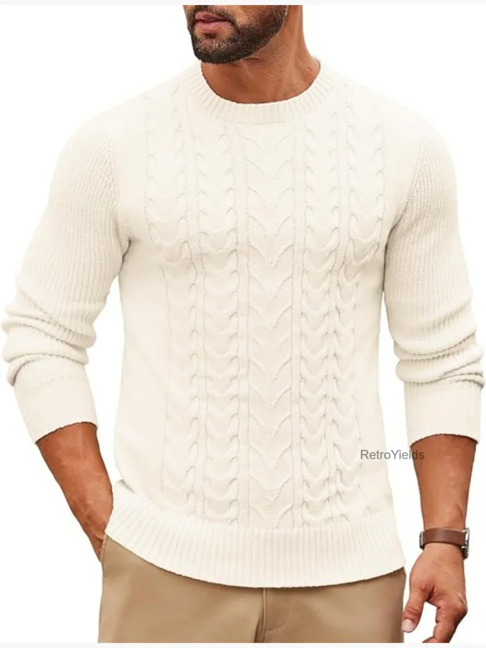 Mens Cable Knit Sweater Casual Long Sleeve Crewneck Pullover Fisherman Twist